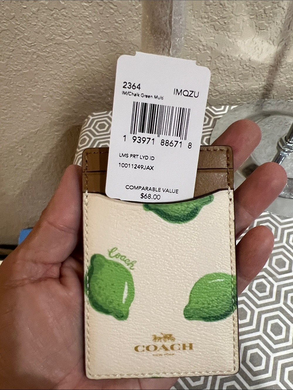 Coach White Card Holder with Green Lemon Print and Tan Strap - Picture 2 of 7